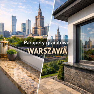 Parapety granitowe Warszawa – wizualizacja parapetu wewnętrznego i zewnętrznego z widokiem na panoramę miasta