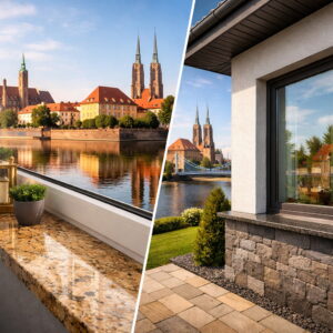 Parapety granitowe Wrocław – wizualizacja parapetu wewnętrznego i zewnętrznego z widokiem na architekturę miasta
